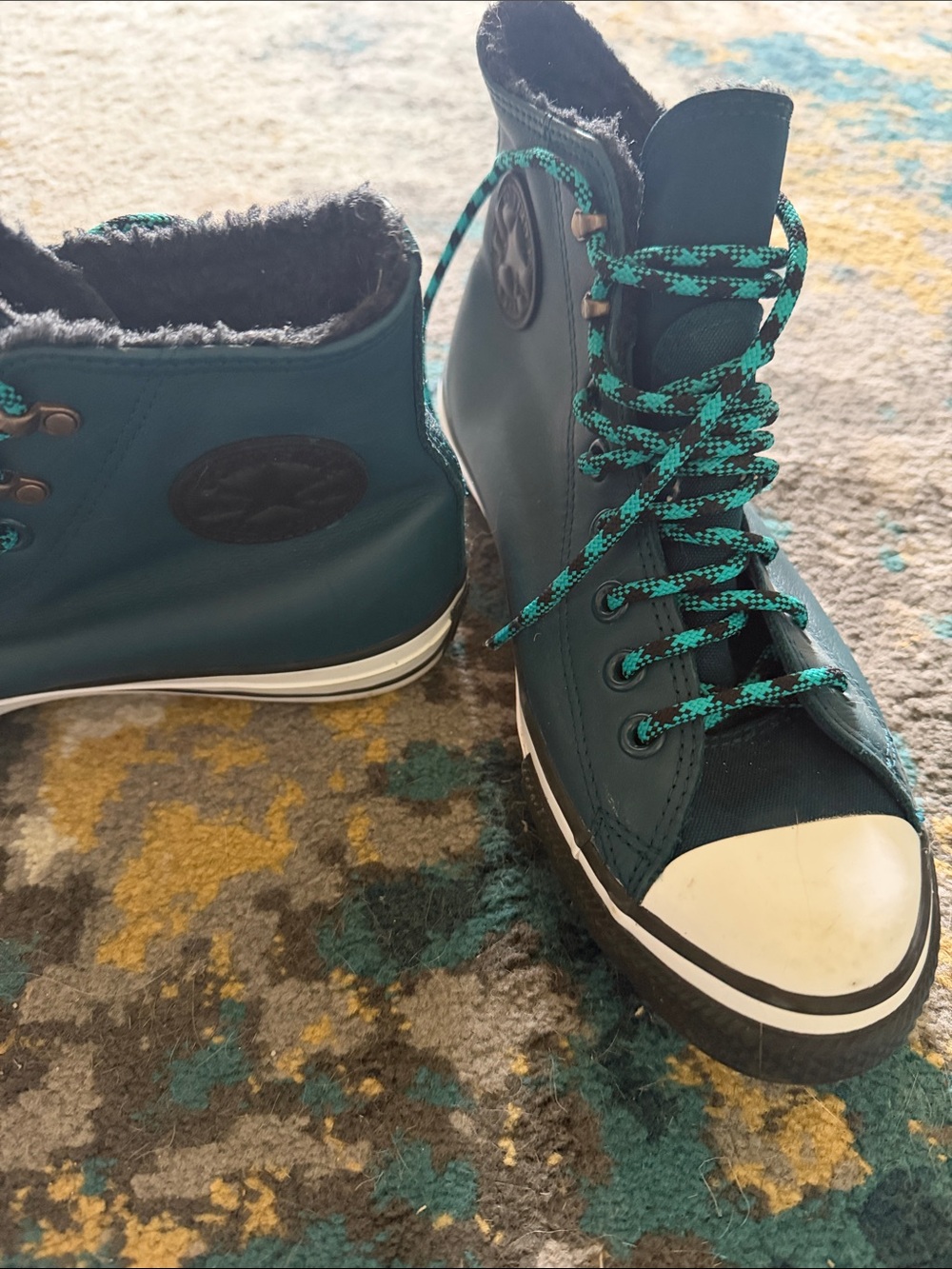 High-Top Lace-Up Sneakers in Teal with Patterned Laces